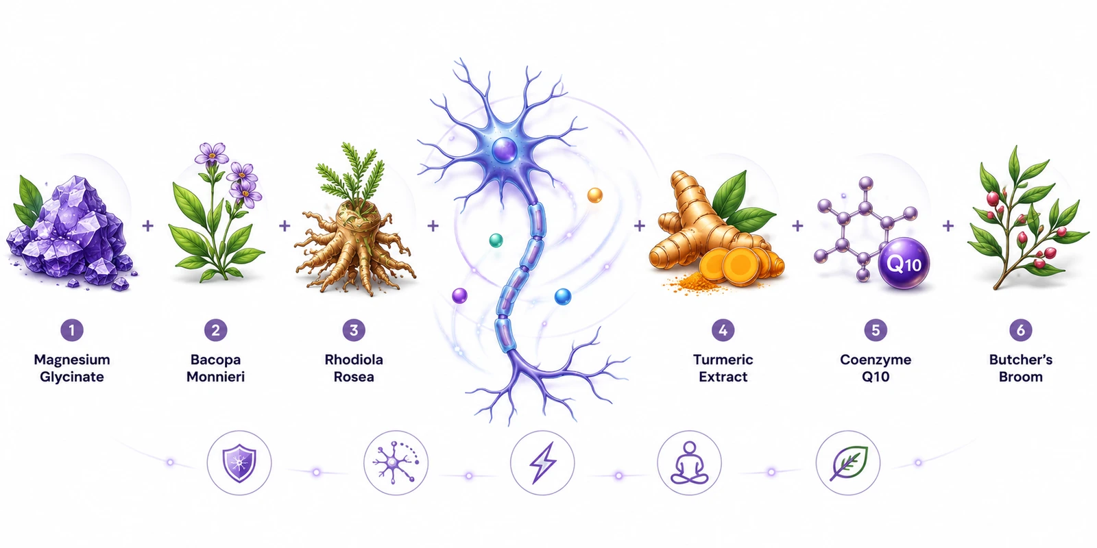 NervoLyn ingredients: Magnesium Glycinate, Bacopa Monnieri, Rhodiola Rosea, Turmeric Extract, Coenzyme Q10 and Butcher's Broom
