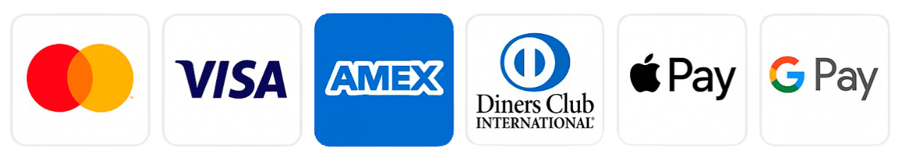 Accepted payments: Mastercard, Visa, Amex, Diners Club, Apple Pay, Google Pay